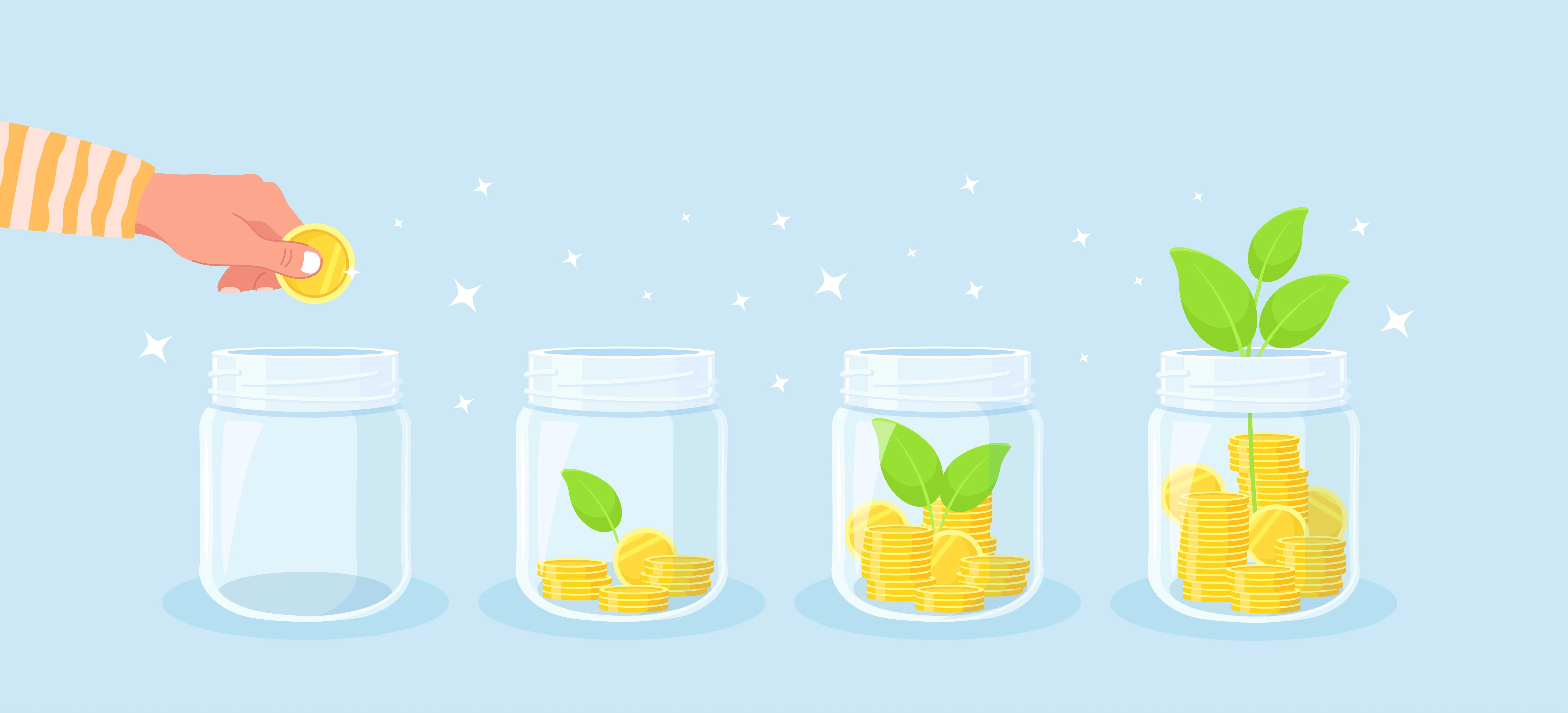 Coins collected in jars, with plants growing alongside the savings.